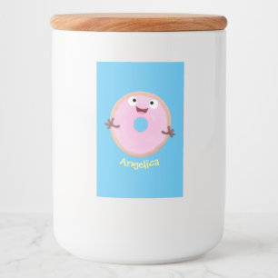 Cute happy roze glaasje donut cartoon voedselcontainer etiket
