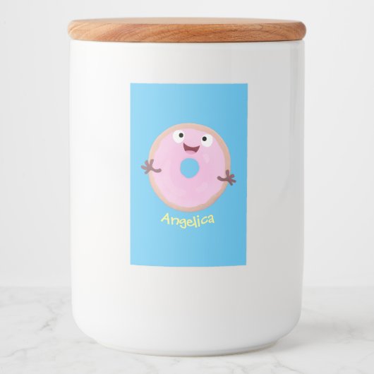 Cute happy roze glaasje donut cartoon voedselcontainer etiket (Voorkant)