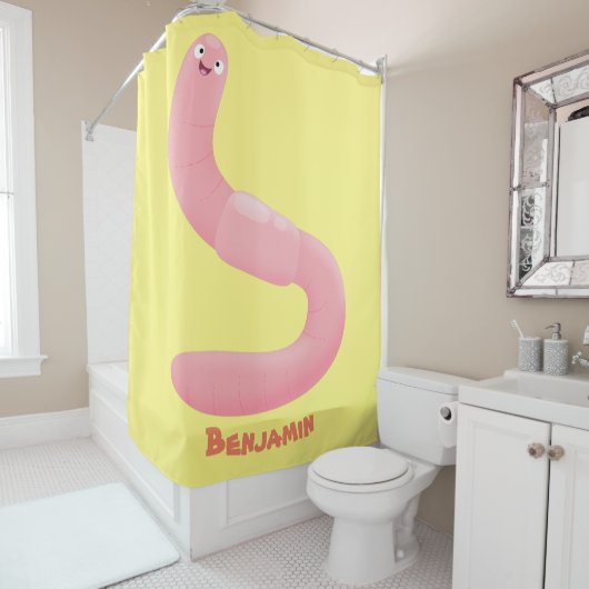 Cute happy roze regenworm cartoon douchegordijn (In situ)
