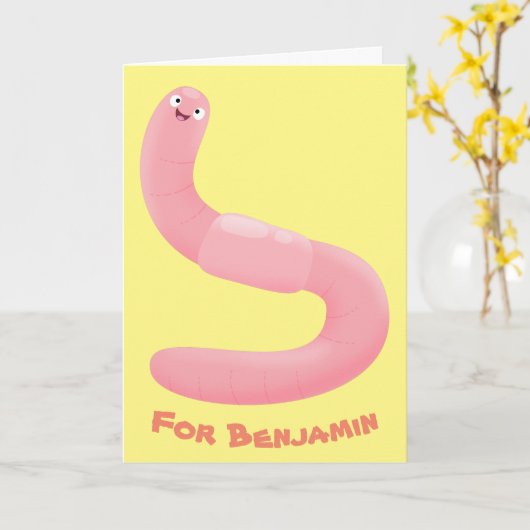 Cute happy roze regenworm cartoon kaart (Gele Bloem)