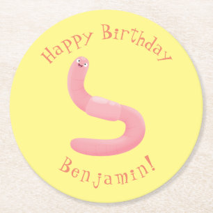 Cute happy roze regenworm cartoon ronde kartonnen onderzetter