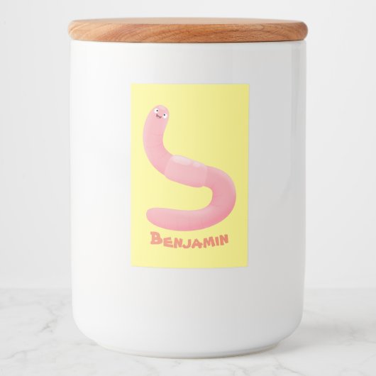Cute happy roze regenworm cartoon voedselcontainer etiket (Voorkant)