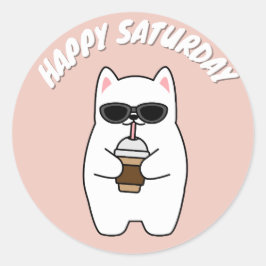 CUTE HAPPY SATURDAY CAT CLASSIC ROUND STICKER