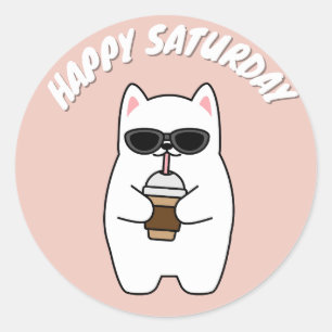 CUTE HAPPY SATURDAY CAT CLASSIC ROUND STICKER