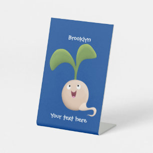 Cute happy seed cartoon illustratie reclamebord met voetstuk