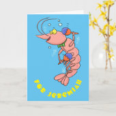 Cute happy shrimp, prawn cartoon kaart (Gele Bloem)