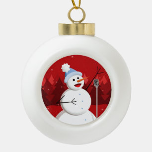 Cute Happy Singing Snowman met Kerstmis Red Keramische Bal Ornament