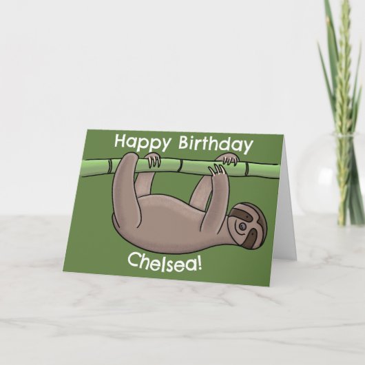Cute happy sloth op bamboe cartoon verjaardag kaart (Voorkant)