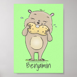 Cute happy smiling hamster with peanut cartoon poster