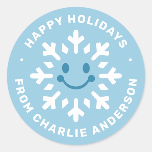 Cute happy snowflake Happy Holidays blue winter Ronde Sticker (Voorkant)
