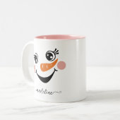 Cute Happy Snowman Face Name Script Calligraphy Tweekleurige Koffiemok (Voorkant links)