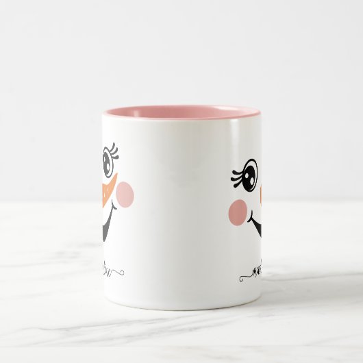 Cute Happy Snowman Face Name Script Calligraphy Tweekleurige Koffiemok (Center)