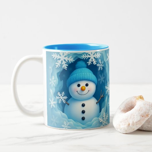 Cute Happy Snowman Face Personalized Coffee Mug Tweekleurige Koffiemok (Met donut)