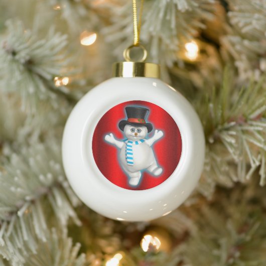 Cute Happy Snowman met Rode Kerstmis Keramische Bal Ornament (Boom)