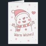 Cute Happy Snowman met Scarf, Warm Wishes<br><div class="desc">Een schattige gelukkige sneeuwman met een pet van de kerstman en gestreepte sjaal. Het bericht luidt: "Warm Wishes!" Een vrolijke kerstdoedle waar je niet mee kunt glimlachen. De binnenkant van de kaart bevat een maretaildoedelen.</div>