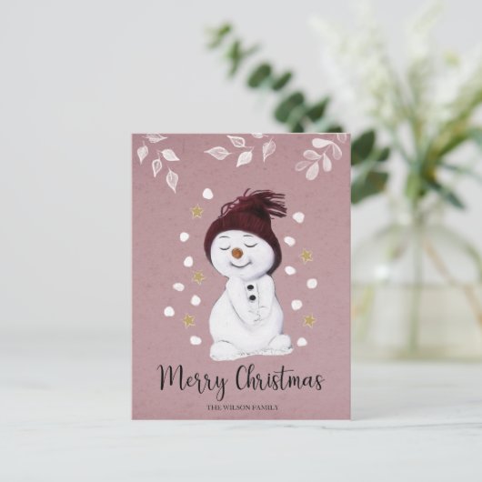 Cute Happy Snowman Pink kerstavond Feestdagenkaart (Staand voorkant)