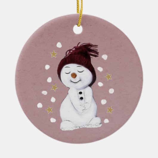 Cute Happy Snowman Pink kerstavond Keramisch Ornament (Voorkant)
