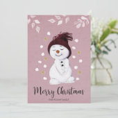 Cute Happy Snowman Pink kerstfeestdag Kaart (Staand voorkant)