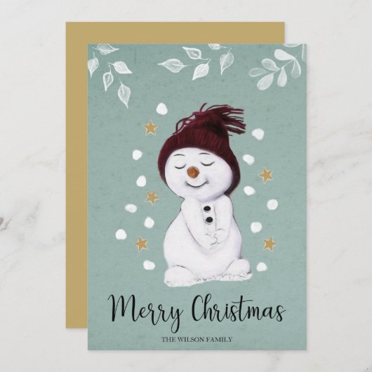 Cute Happy Snowman Winter Blue Kerstmis Feestdagenkaart (Voorkant / Achterkant)