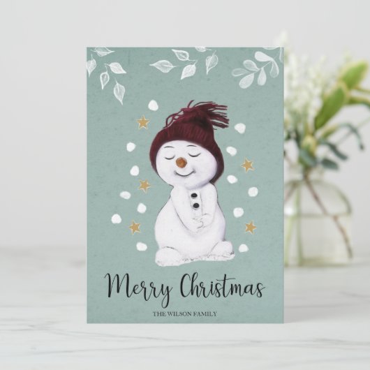 Cute Happy Snowman Winter Blue Kerstmis Feestdagenkaart (Staand voorkant)