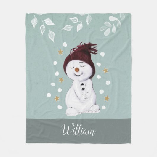 Cute Happy Snowman Winter Blue Kerstmis Fleece Deken (Voorkant)