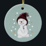 Cute Happy Snowman Winter Blue Kerstmis Keramisch Ornament<br><div class="desc">Deze baby eerste blauwe kerstversiering heeft een snowman die van de sneeuw houdt.</div>