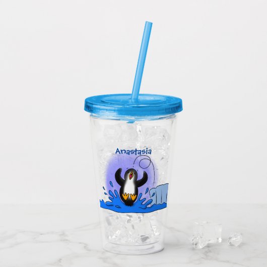 Cute happy springing pinguin cartoon illustratie acryl drinkbeker (Achterkant ijs)