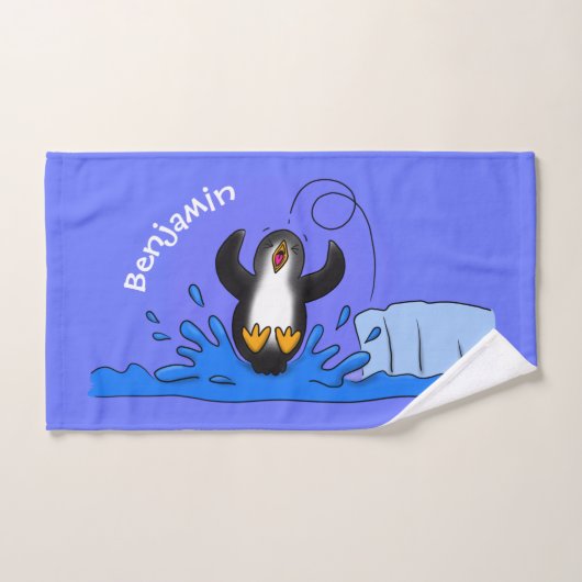 Cute happy springing pinguin cartoon illustratie bad handdoek (Handdoek)