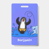 Cute happy springing pinguin cartoon illustratie badge (Back)