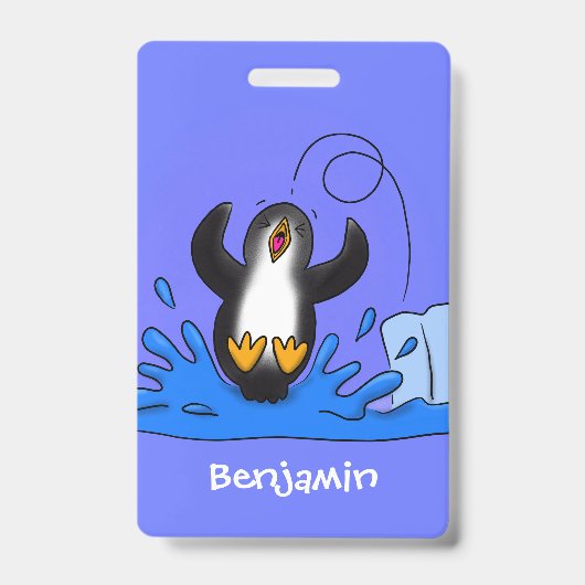 Cute happy springing pinguin cartoon illustratie badge (Front)