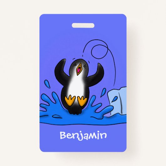 Cute happy springing pinguin cartoon illustratie badge (Voorkant)