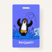 Cute happy springing pinguin cartoon illustratie badge (Achterkant)