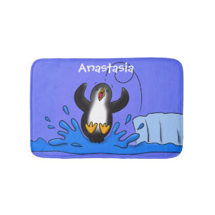 Cute happy springing pinguin cartoon illustratie badmat