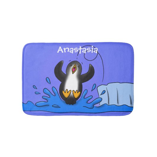 Cute happy springing pinguin cartoon illustratie badmat (Voorkant)