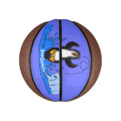 Cute happy springing pinguin cartoon illustratie basketbal (Verticaal)