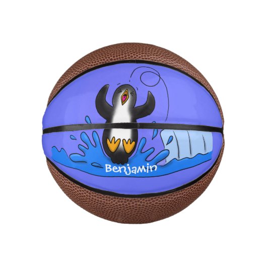 Cute happy springing pinguin cartoon illustratie basketbal (Voorkant)