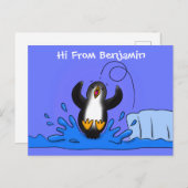 Cute happy springing pinguin cartoon illustratie briefkaart (Voorkant / Achterkant)