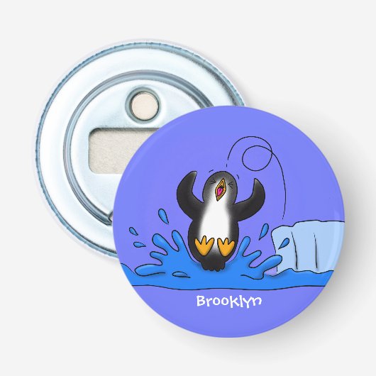 Cute happy springing pinguin cartoon illustratie button flesopener (Voorkant)