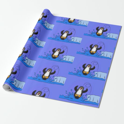 Cute happy springing pinguin cartoon illustratie cadeaupapier (Uitgerold)