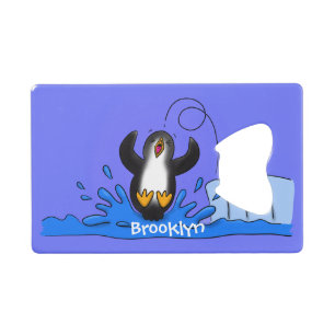 Cute happy springing pinguin cartoon illustratie creditkaart flessenopener