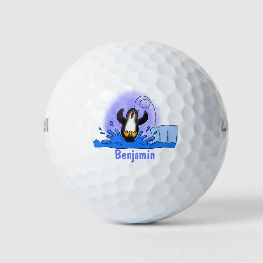 Cute happy springing pinguin cartoon illustratie golfballen (Voorkant)