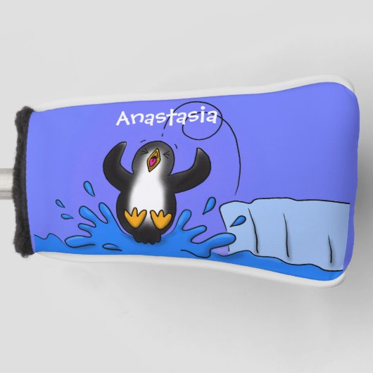 Cute happy springing pinguin cartoon illustratie golfheadcover (Voorkant)