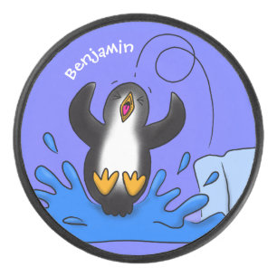 Cute happy springing pinguin cartoon illustratie hockey puck