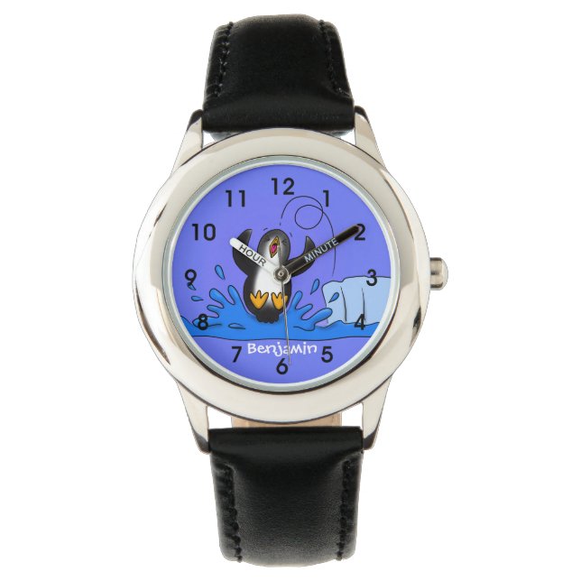 Cute happy springing pinguin cartoon illustratie horloge (Voorkant)