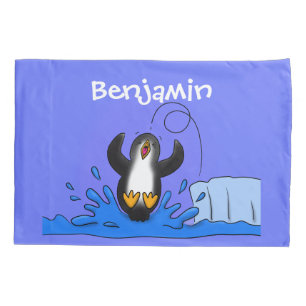 Cute happy springing pinguin cartoon illustratie kussensloop