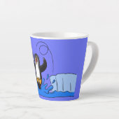 Cute happy springing pinguin cartoon illustratie latte mok (Rechterhoek)