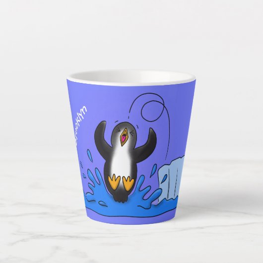 Cute happy springing pinguin cartoon illustratie latte mok (Voorkant)