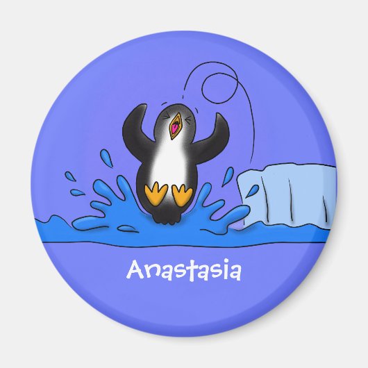 Cute happy springing pinguin cartoon illustratie magneet (Voorkant)