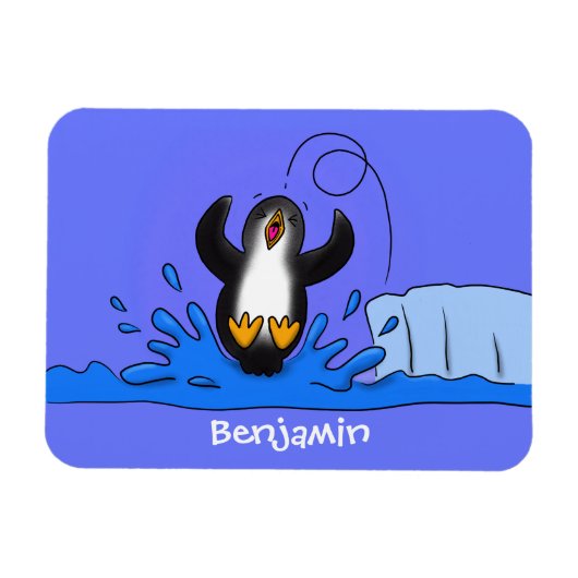 Cute happy springing pinguin cartoon illustratie magneet (Horizontaal)