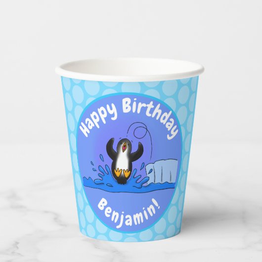 Cute happy springing pinguin cartoon illustratie papieren bekers (Voorkant)